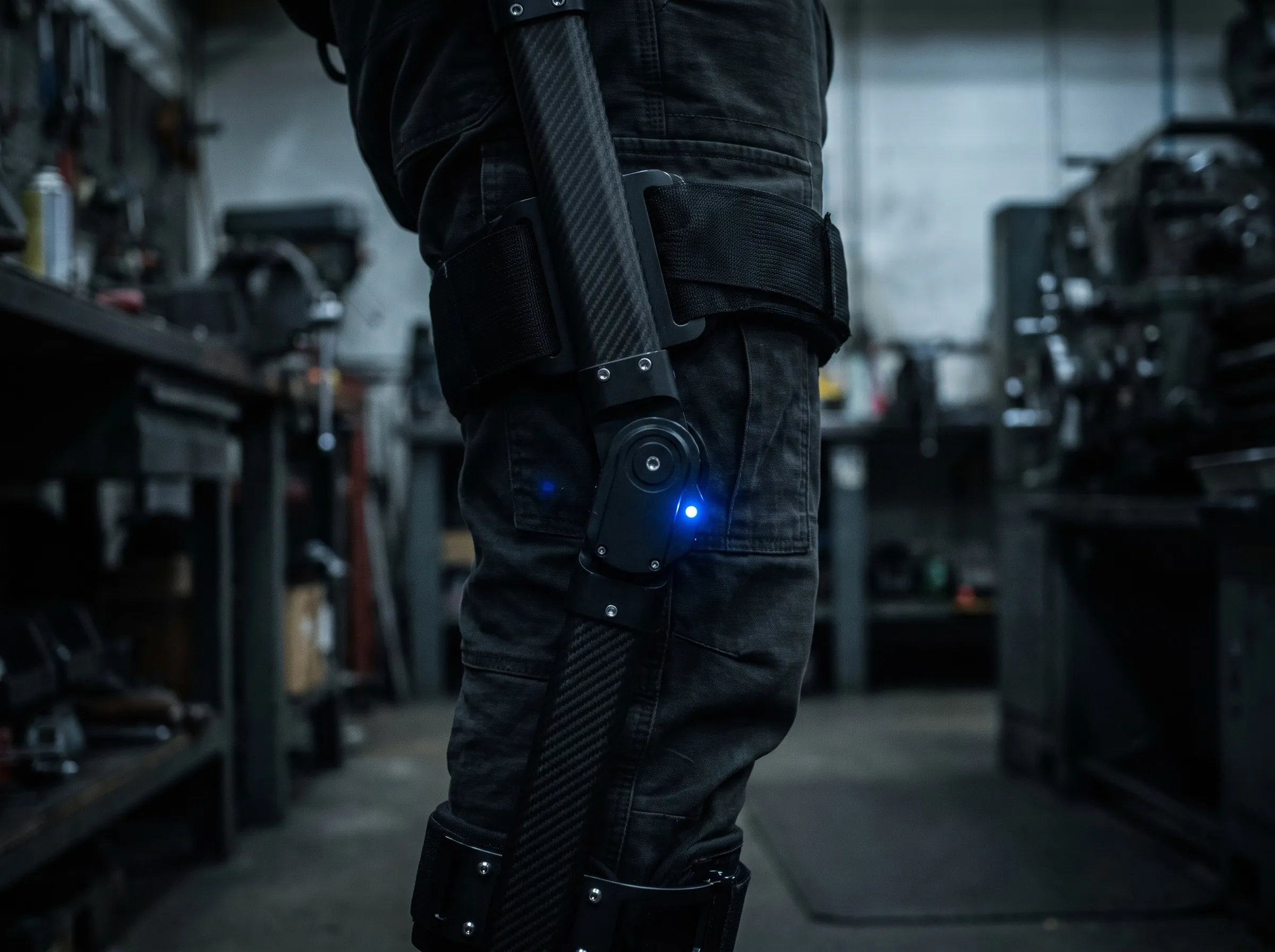 Beinschiene eines aktiven Exoskeletts aus Carbon mit Gelenkantrieb und blauer Statusleuchte, getragen in einer Werkstatt.
